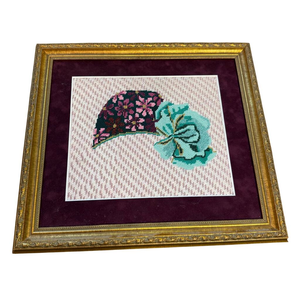 Vintage Framed Needlepoint Fabric Art Decor Hanging Women’s Floral Hat Dressy
